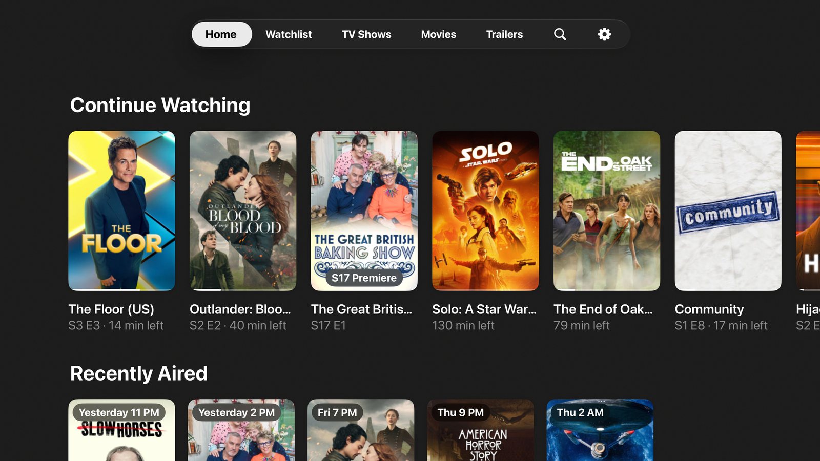The Reelhouse Home screen: a Continue Watching row with time left on each title, above a Recently Aired row with air times.