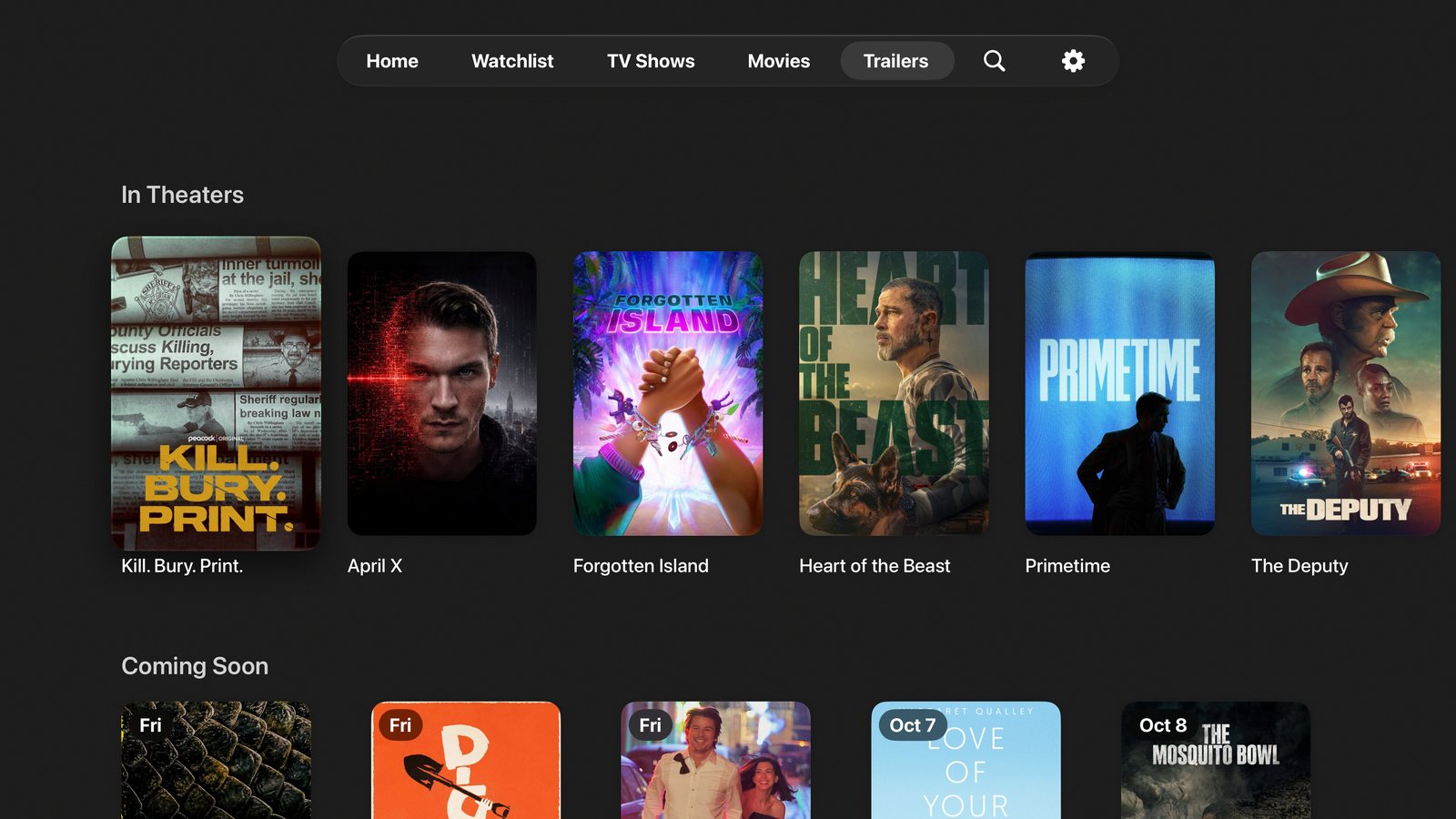The Trailers tab: an In Theaters row of movie posters above a Coming Soon row labelled by release day.